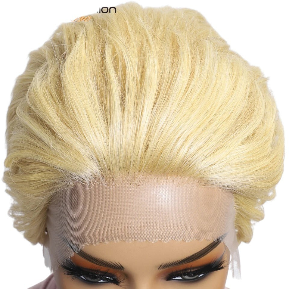 RitzWigs 613 blonde short pixie cut lace front human hair wig with slicked back style on a mannequin head