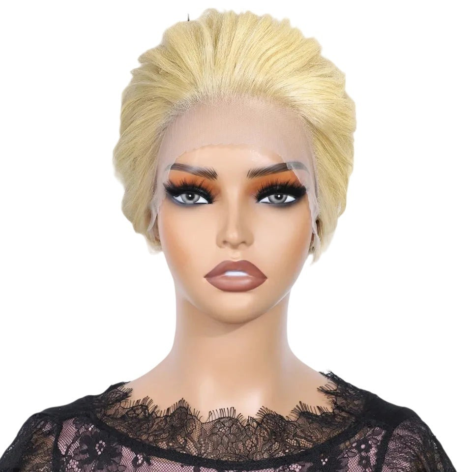 RitzWigs 613 blonde short pixie cut lace front human hair wig on a mannequin head