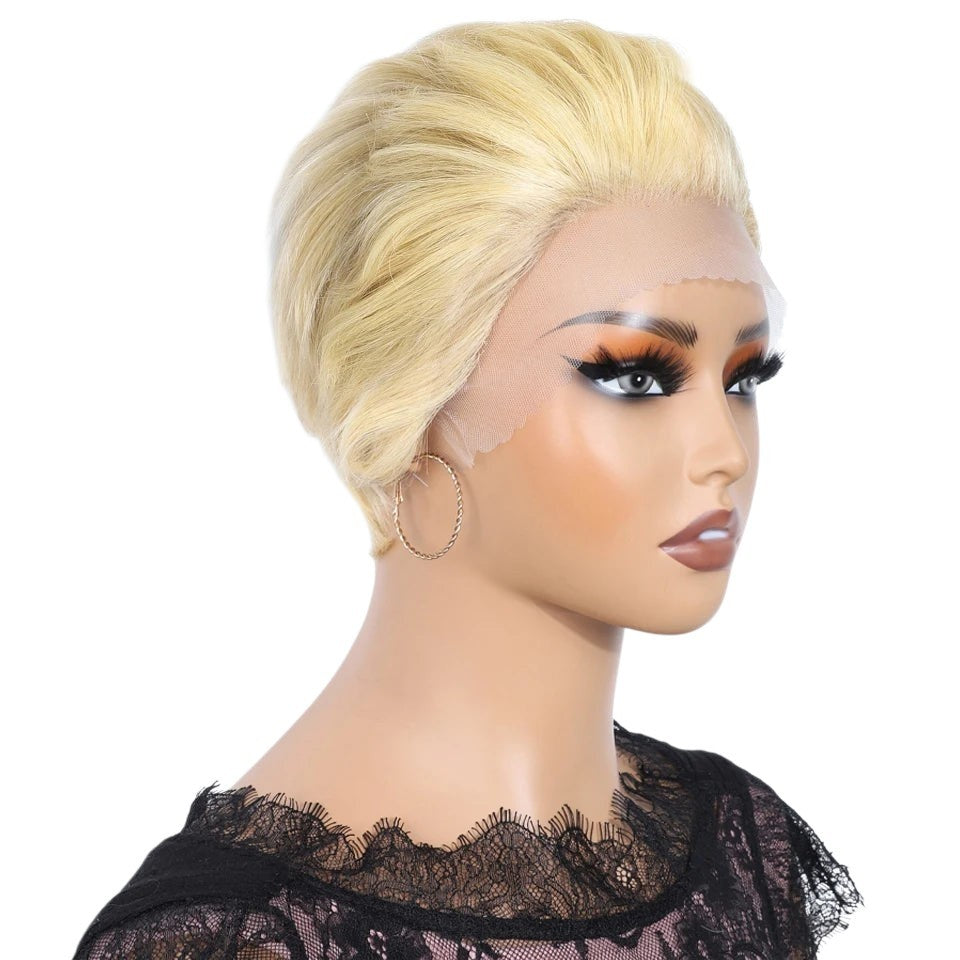 RitzWigs blonde pixie cut human hair lace front wig on a mannequin head