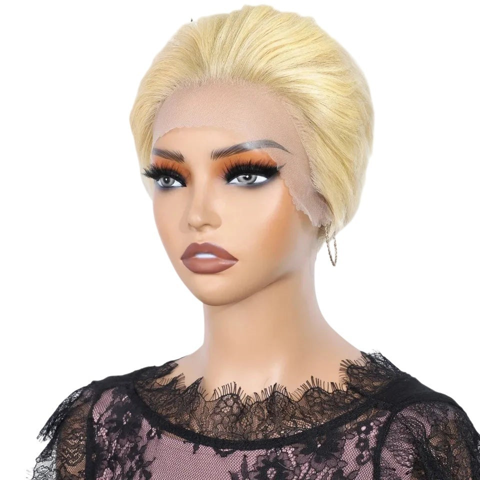RitzWigs 613 blonde short pixie cut human hair lace front wig on a mannequin head
