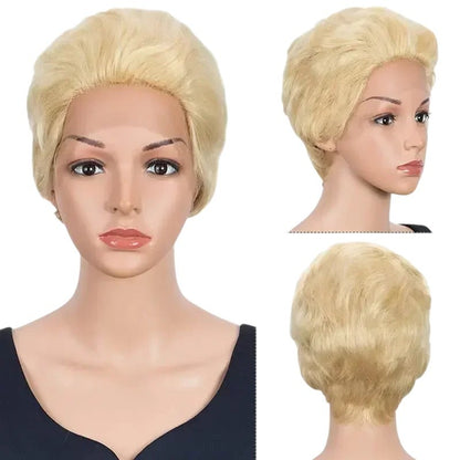 RitzWigs blonde pixie cut human hair lace front wig on a mannequin head, showing front, side, and back views.