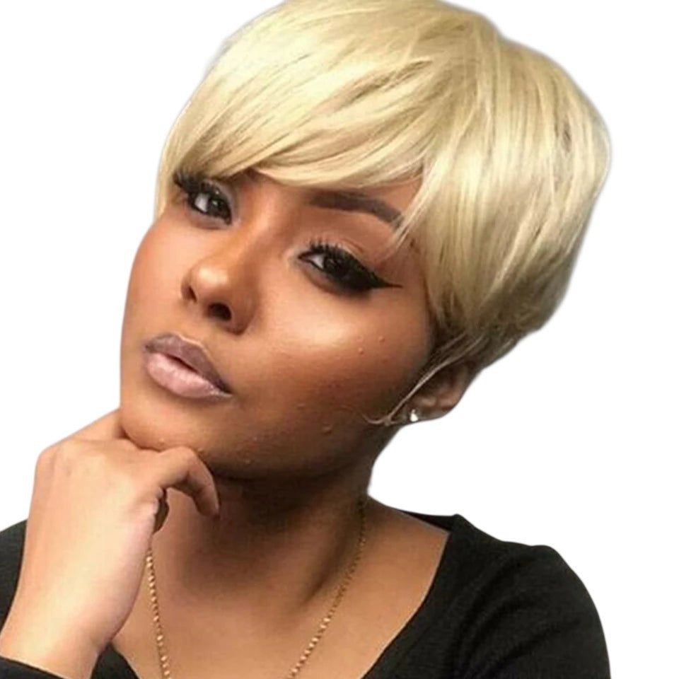 RitzWigs blonde pixie cut human hair wig with bangs worn by a woman with dark skin and winged eyeliner