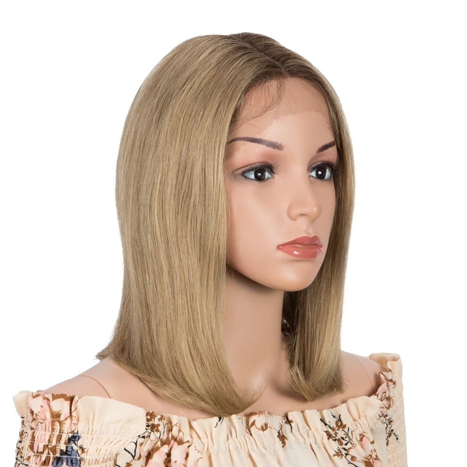 RitzWigs blonde straight bob lace front wig on a mannequin, featuring Remy Brazilian human hair and transparent lace.