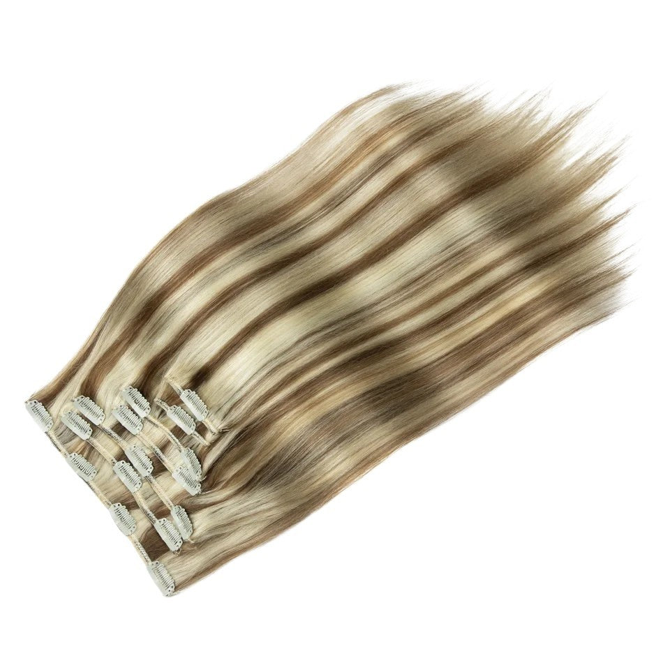 RitzWigs 7-piece straight blonde human hair clip-in extensions with double weft and highlights