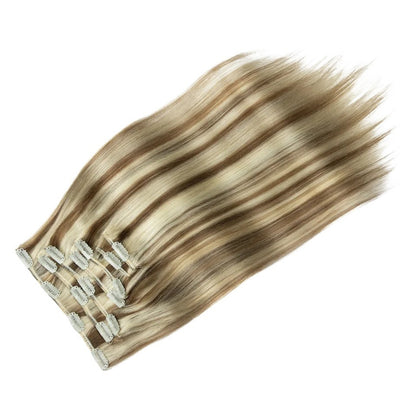 RitzWigs 7-piece straight blonde human hair clip-in extensions with double weft and highlights