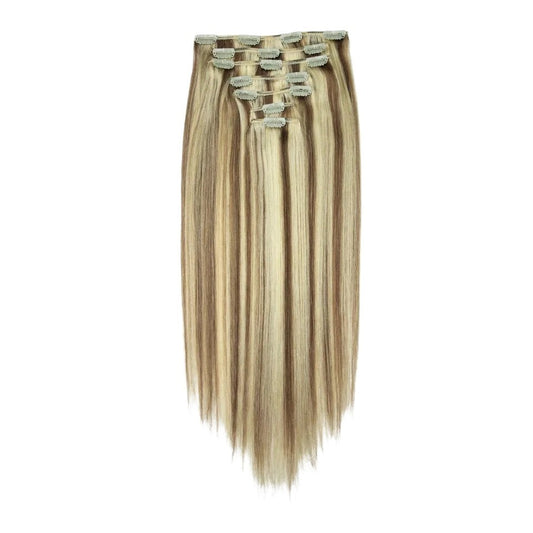 RitzWigs 7-piece straight blonde P6/613 human hair clip-in extensions with double weft for added volume