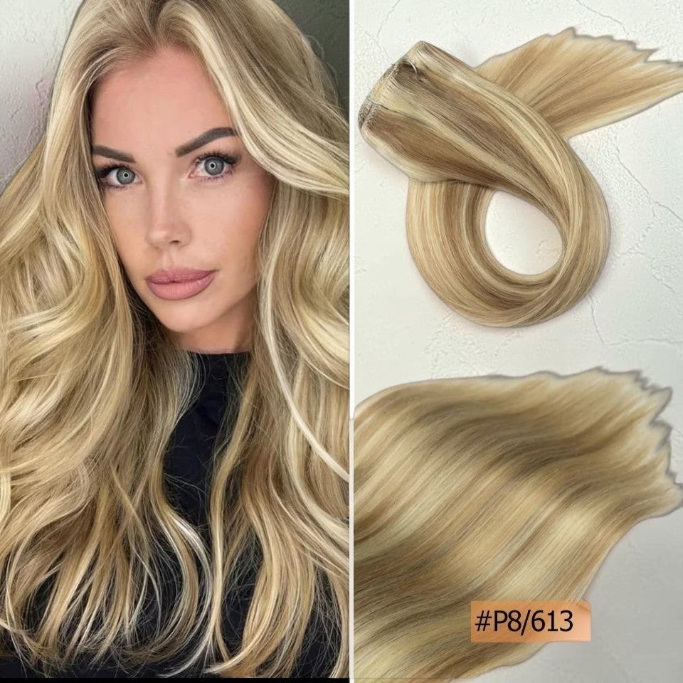 RitzWigs straight blonde human hair clip-in extensions with double weft for full volume and natural highlights