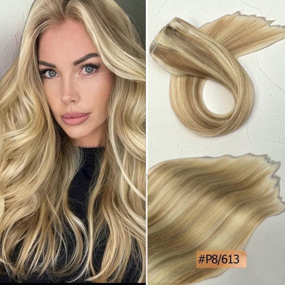 RitzWigs straight blonde human hair clip-in extensions with double weft for full volume and natural highlights