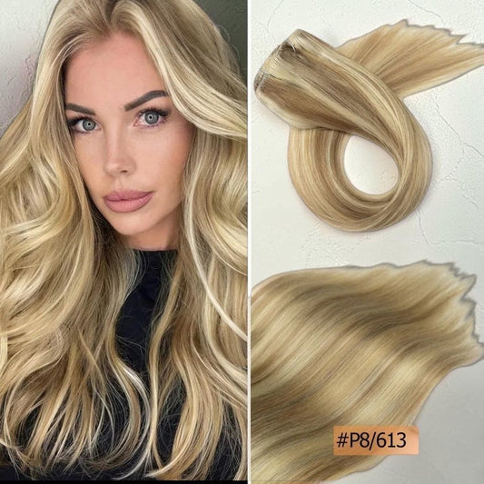 RitzWigs straight blonde human hair clip-in extensions with double weft for full volume and natural highlights