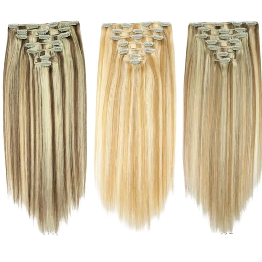 RitzWigs straight blonde human hair clip-in extensions in three highlighted shades with secure metal clips