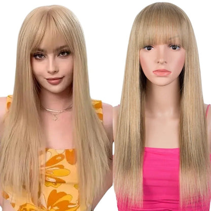 RitzWigs blonde straight human hair wig with bangs shown on a model and a mannequin head