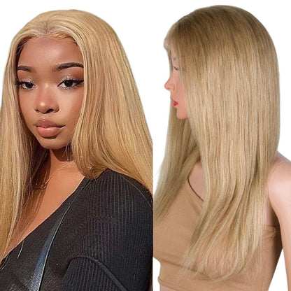 RitzWigs blonde straight human hair lace front wig with a natural middle part on a model and mannequin head