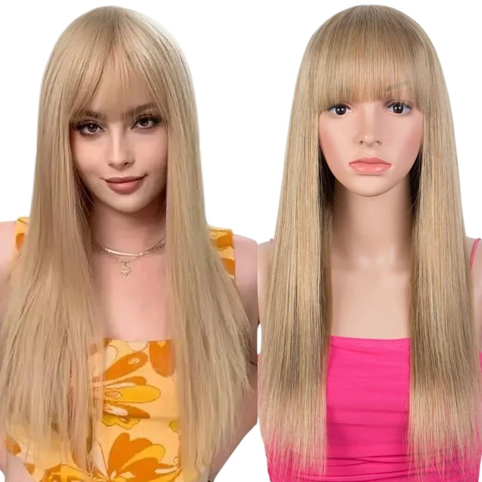 RitzWigs blonde straight human hair wig with bangs shown on a model and a mannequin head