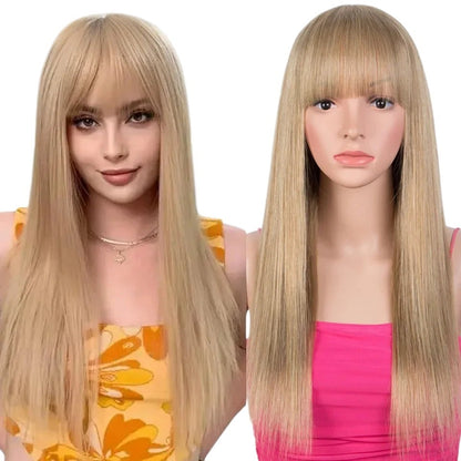 RitzWigs blonde straight human hair wig with bangs worn by a model and displayed on a mannequin head