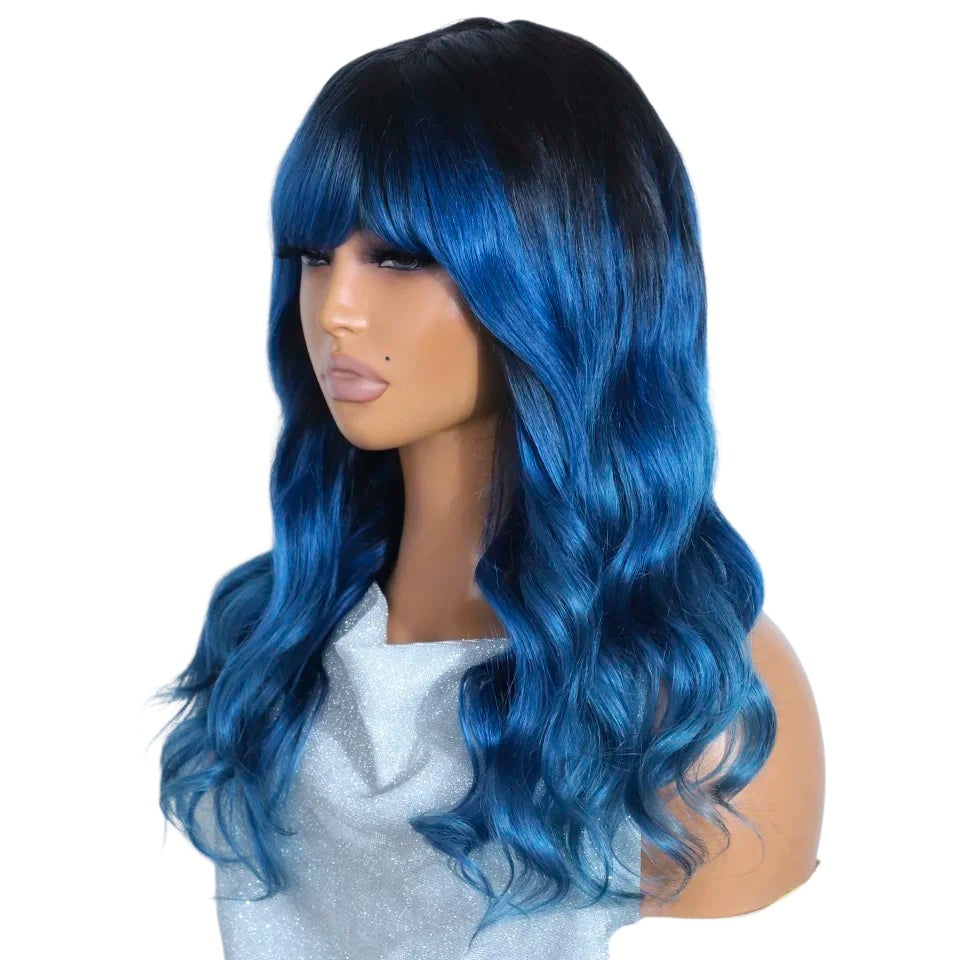 RitzWigs blue and black ombre body wave human hair wig with bangs on a mannequin head
