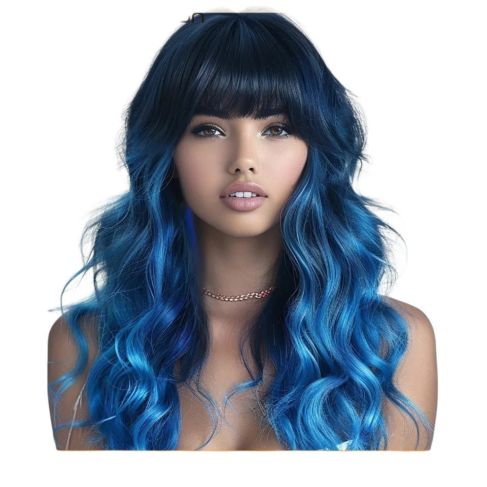 RitzWigs blue and black ombre body wave human hair wig with bangs worn by a model
