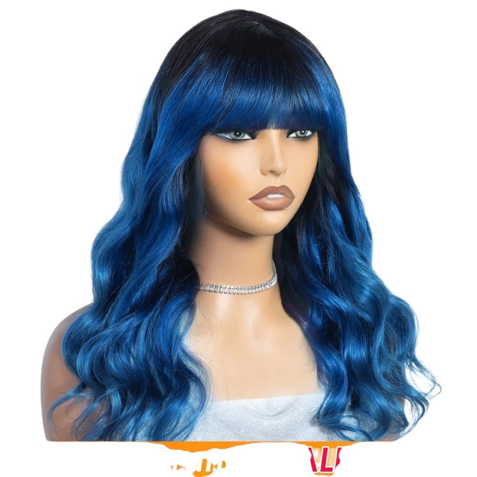 RitzWigs body wave human hair wig with bangs in a blue and black ombre style on a mannequin head