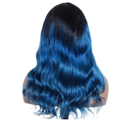 RitzWigs blue and black ombre body wave human hair wig on a mannequin head, back view