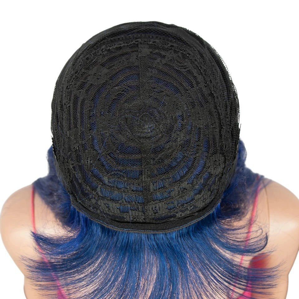 RitzWigs Brazilian Remy human hair wig cap interior showing black lace construction and royal blue hair strands