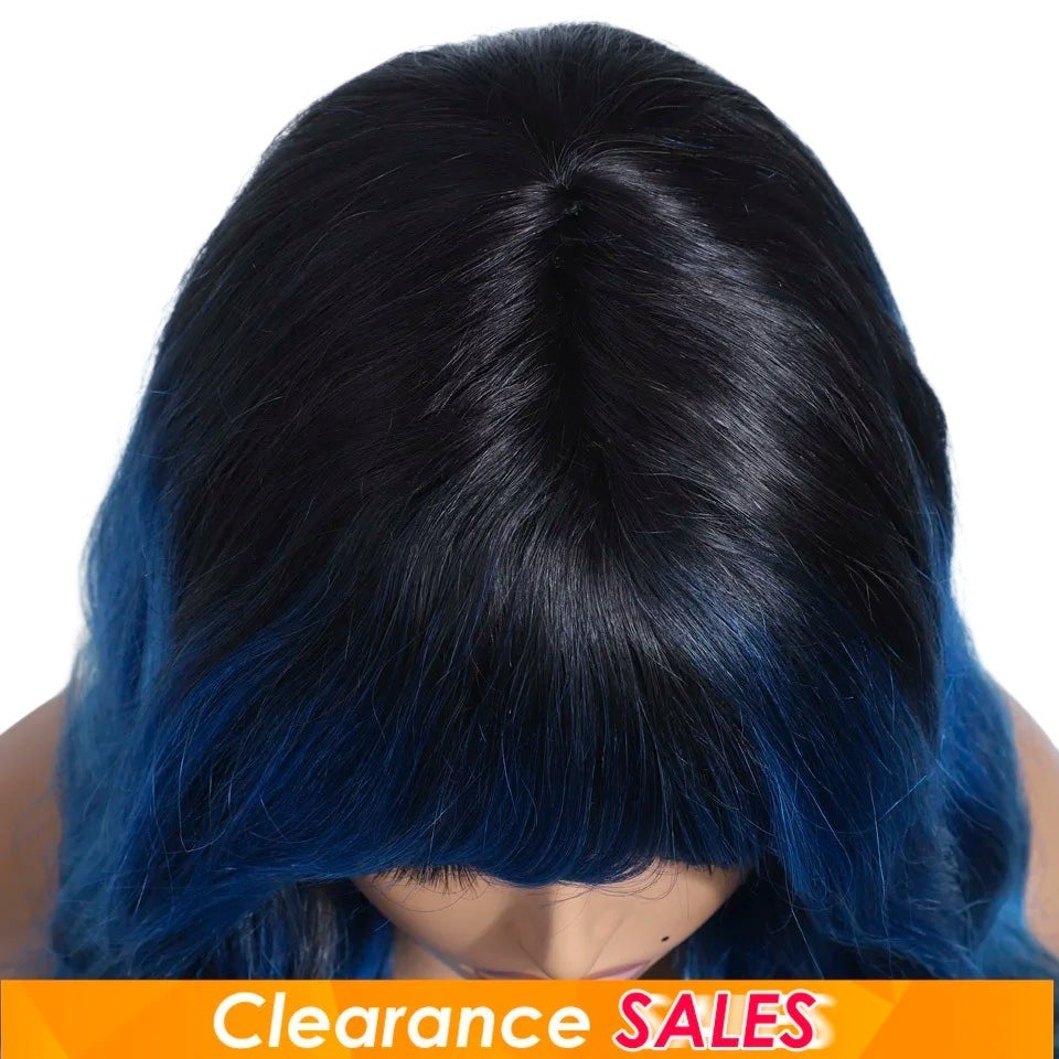 RitzWigs T1B blue ombre body wave human hair wig with bangs on a mannequin head