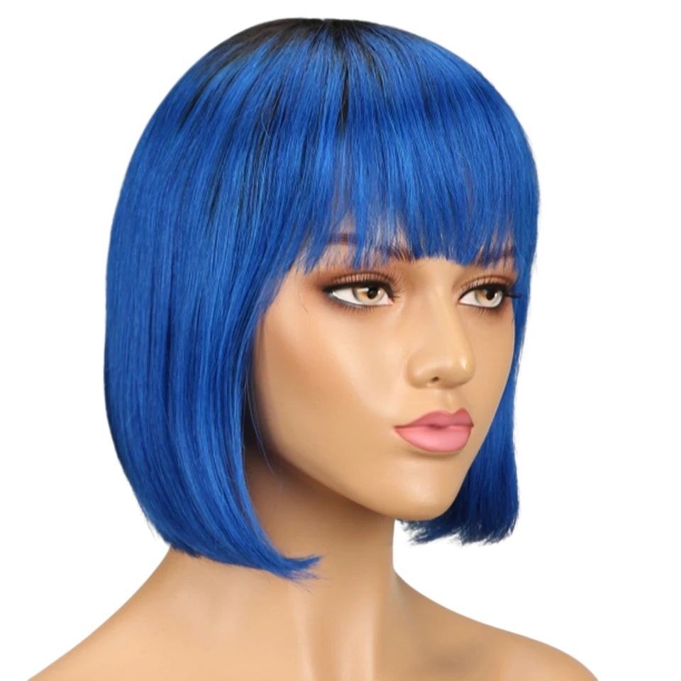 RitzWigs short blue straight bob wig with bangs on a mannequin head