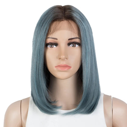 RitzWigs short straight blue bob wig with dark roots and transparent lace front on a mannequin head