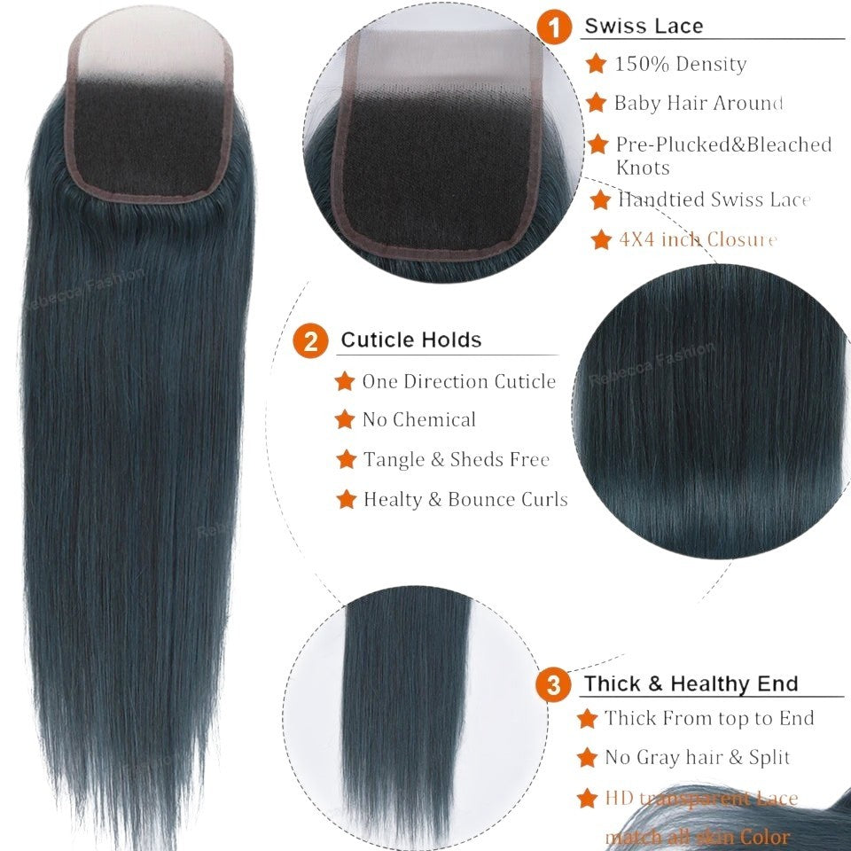 RitzWigs Brazilian straight Remy human hair closure in S Blue with 4x4 Swiss lace and pre-plucked bleached knots.
