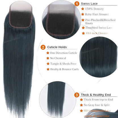 RitzWigs Brazilian straight Remy human hair closure in S Blue with 4x4 Swiss lace and pre-plucked bleached knots.