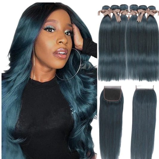 RitzWigs Brazilian straight Remy human hair bundles in S Blue with matching lace closure worn by a model