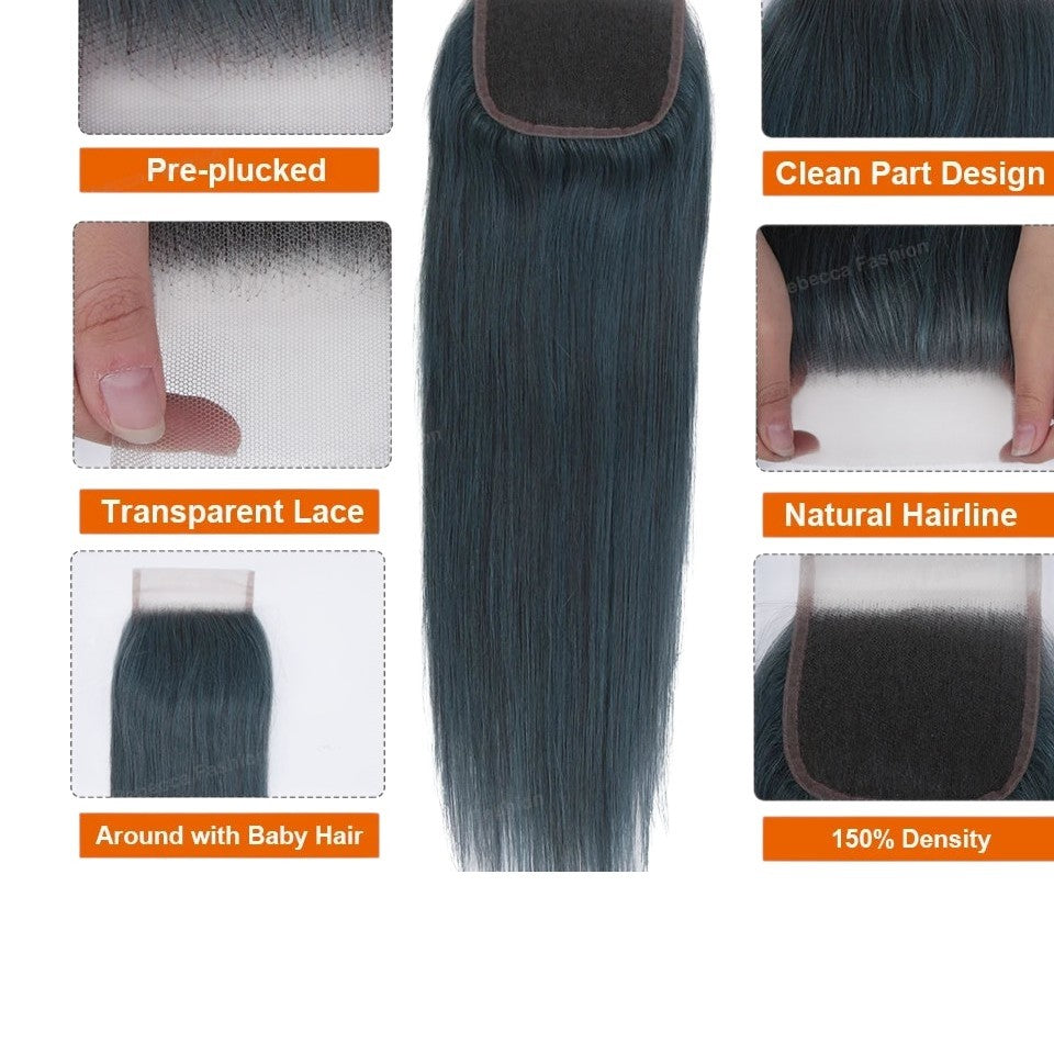 RitzWigs straight blue Brazilian Remy human hair closure with pre-plucked transparent lace and natural hairline