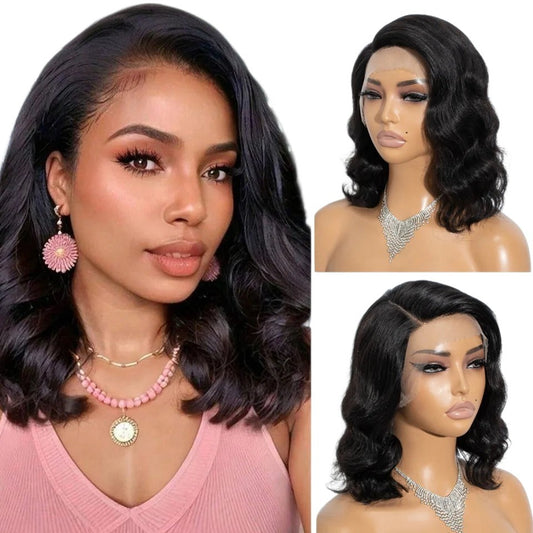RitzWigs natural black body wave bob lace front wig on a model and mannequin head with a side part