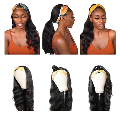 RitzWigs body wave human hair headband wig shown in various styles on a model and mannequin head