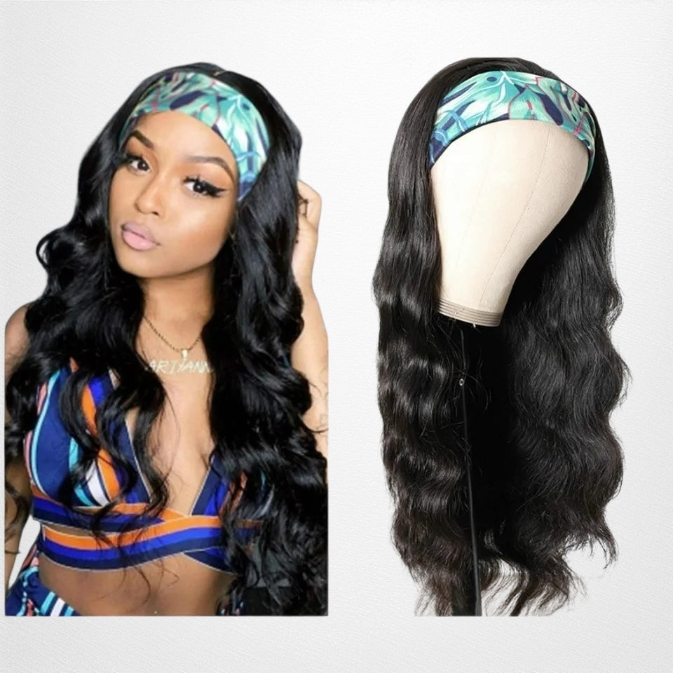 RitzWigs long body wave human hair headband wig with a colourful patterned headband on a model and mannequin head
