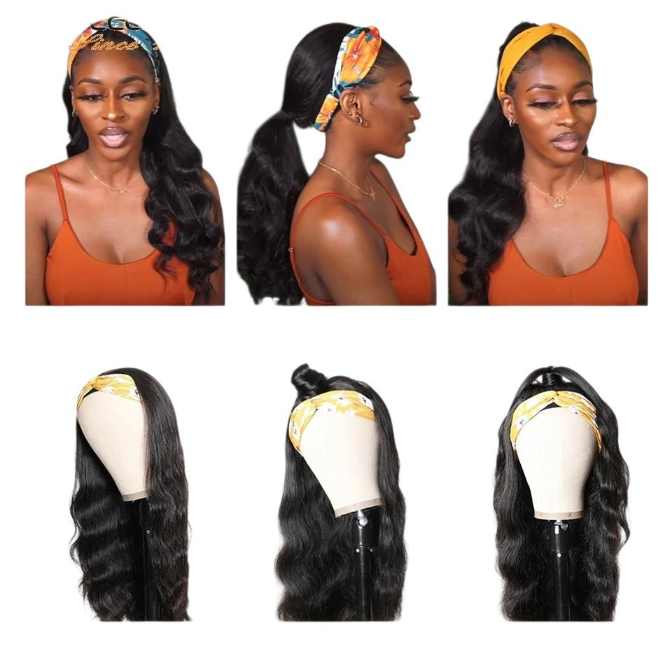 RitzWigs body wave human hair headband wig shown in various styles on a model and mannequin head