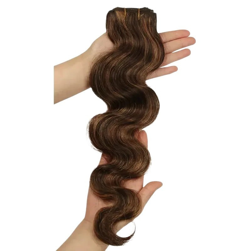 RitzWigs body wave human hair bundle in brown with blonde highlights held in hands