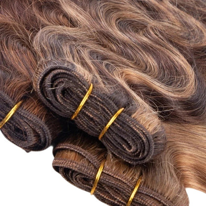 RitzWigs body wave human hair weave bundles in brown and blonde highlight P4/27 colour with machine double weft