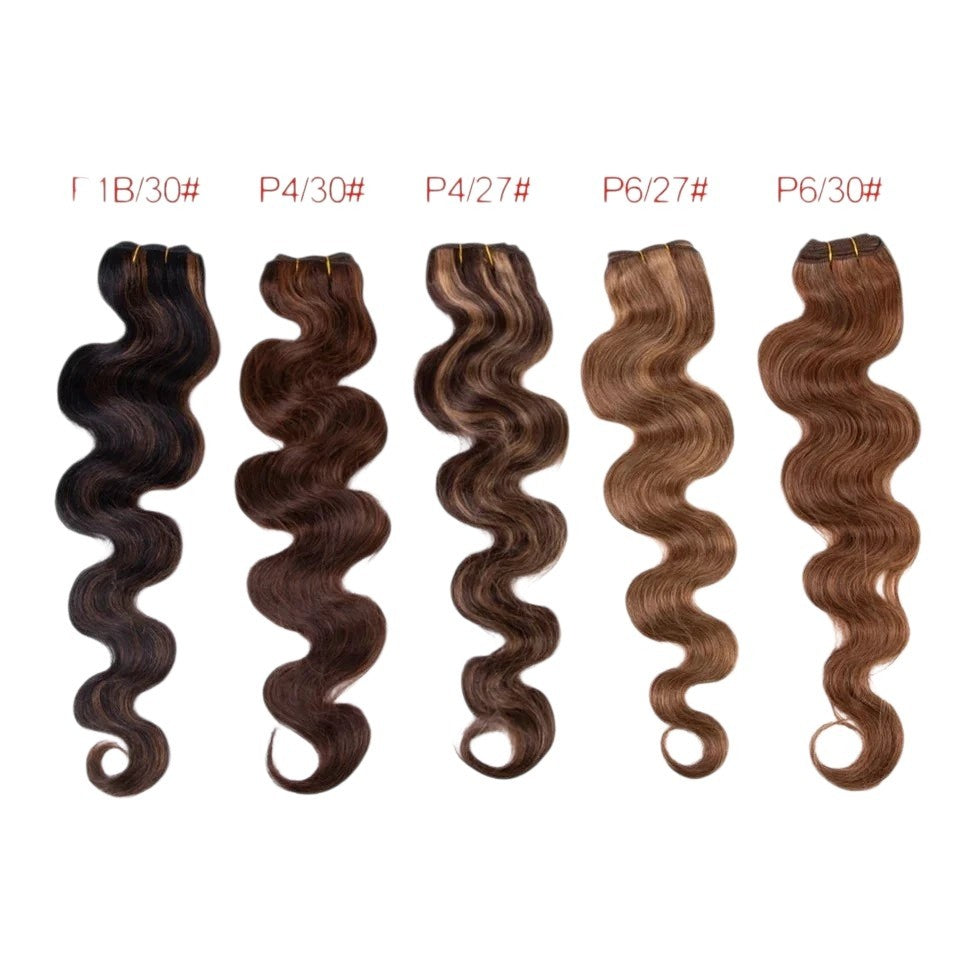 RitzWigs body wave human hair weave bundles in various brown and blonde highlight shades for natural styling