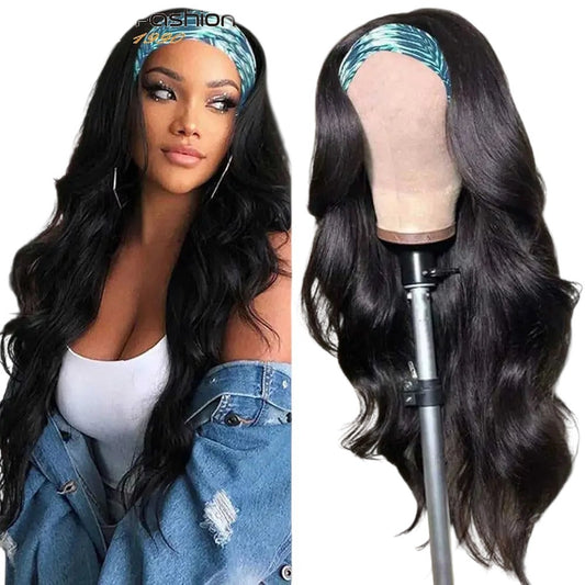 RitzWigs 28-inch body wave human hair headband wig with natural black wavy texture on a model and mannequin head