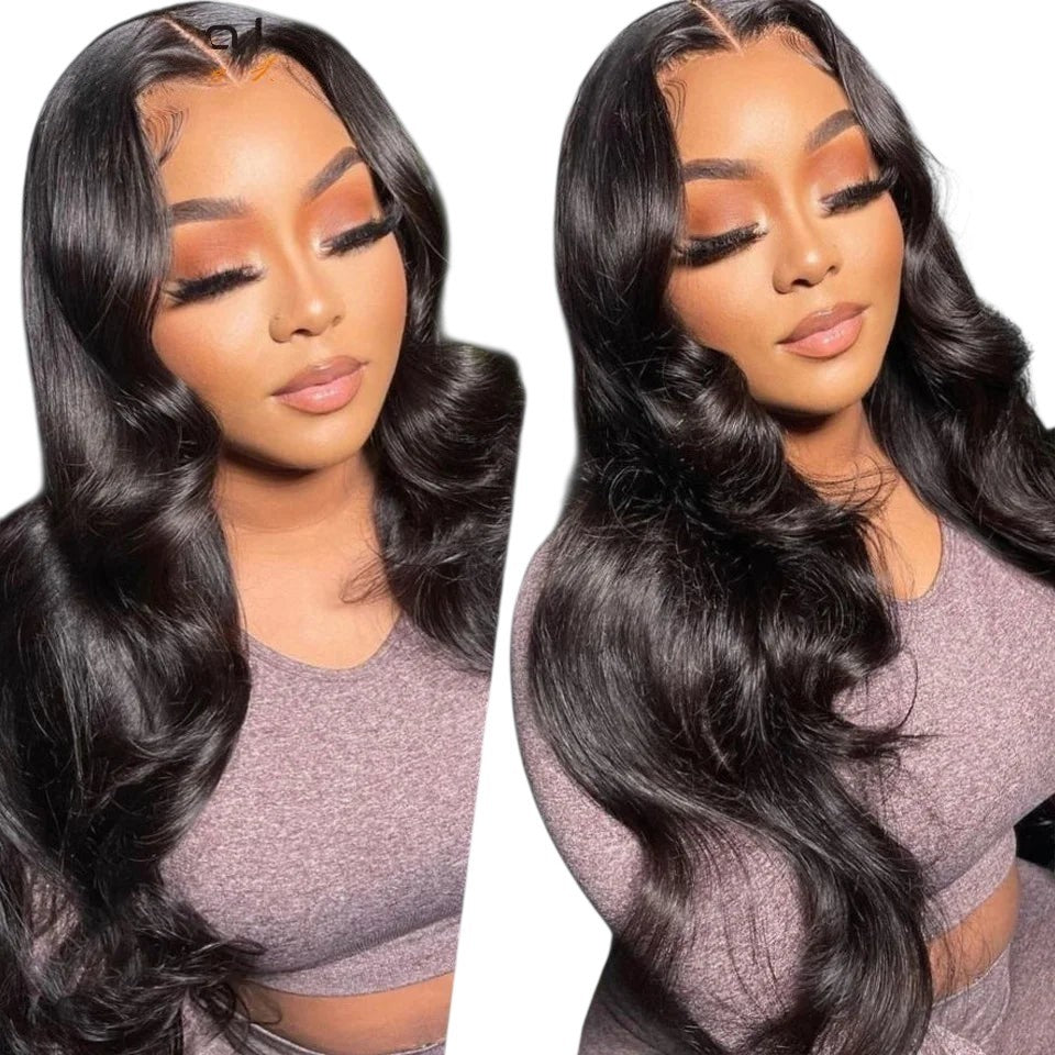RitzWigs human hair body wave lace front wig with natural hairline and baby hair on a model