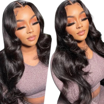 RitzWigs human hair body wave lace front wig with natural hairline and baby hair on a model