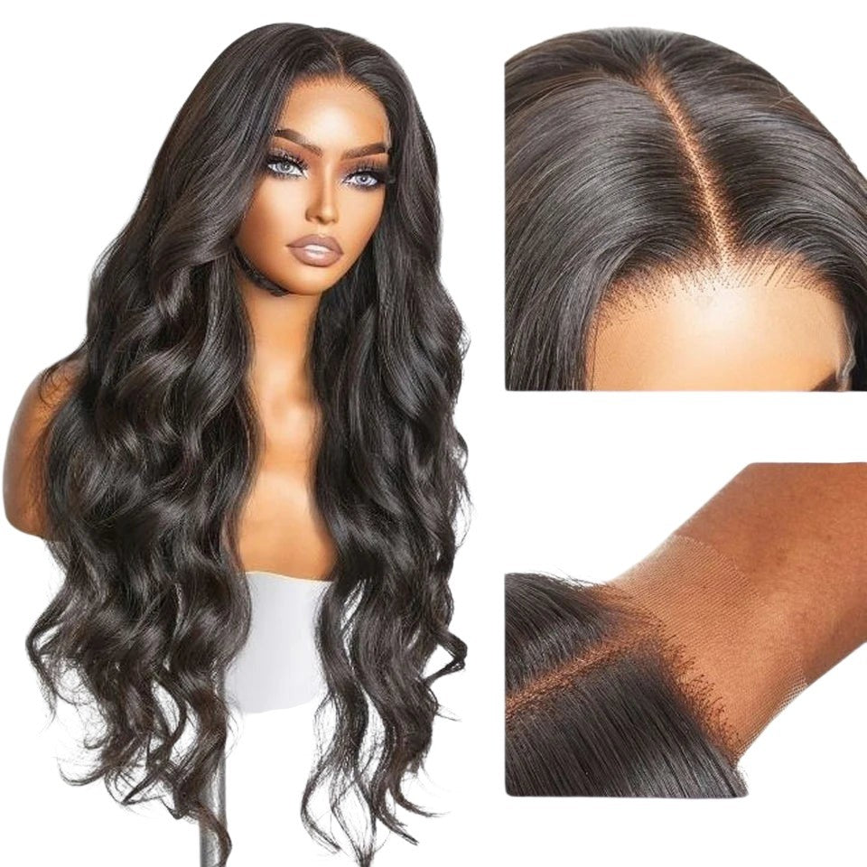 RitzWigs body wave human hair wig with pre-plucked hairline and transparent HD lace on a mannequin head