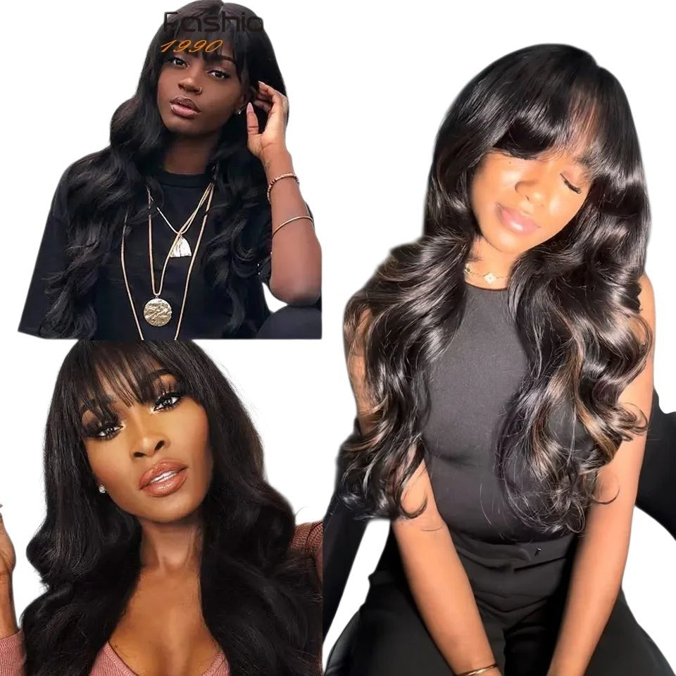RitzWigs body wave human hair wig with bangs and middle part in natural black, worn by a model.
