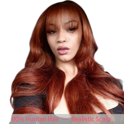 RitzWigs 24-inch body wave human hair wig with bangs in a natural reddish-brown tone worn by a woman in a car