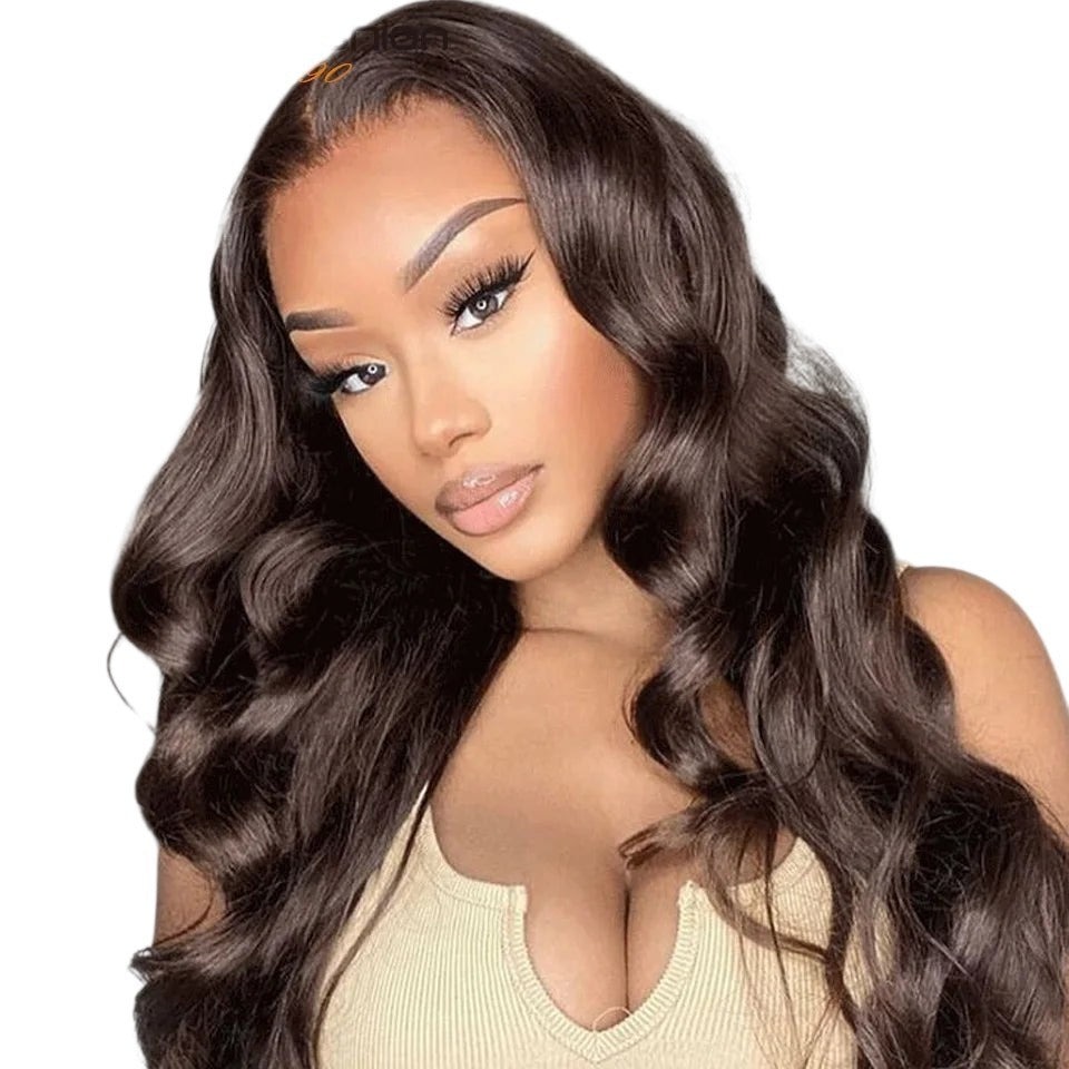 RitzWigs Brazilian Remy human hair body wave lace front wig with a natural pre-plucked hairline on a model