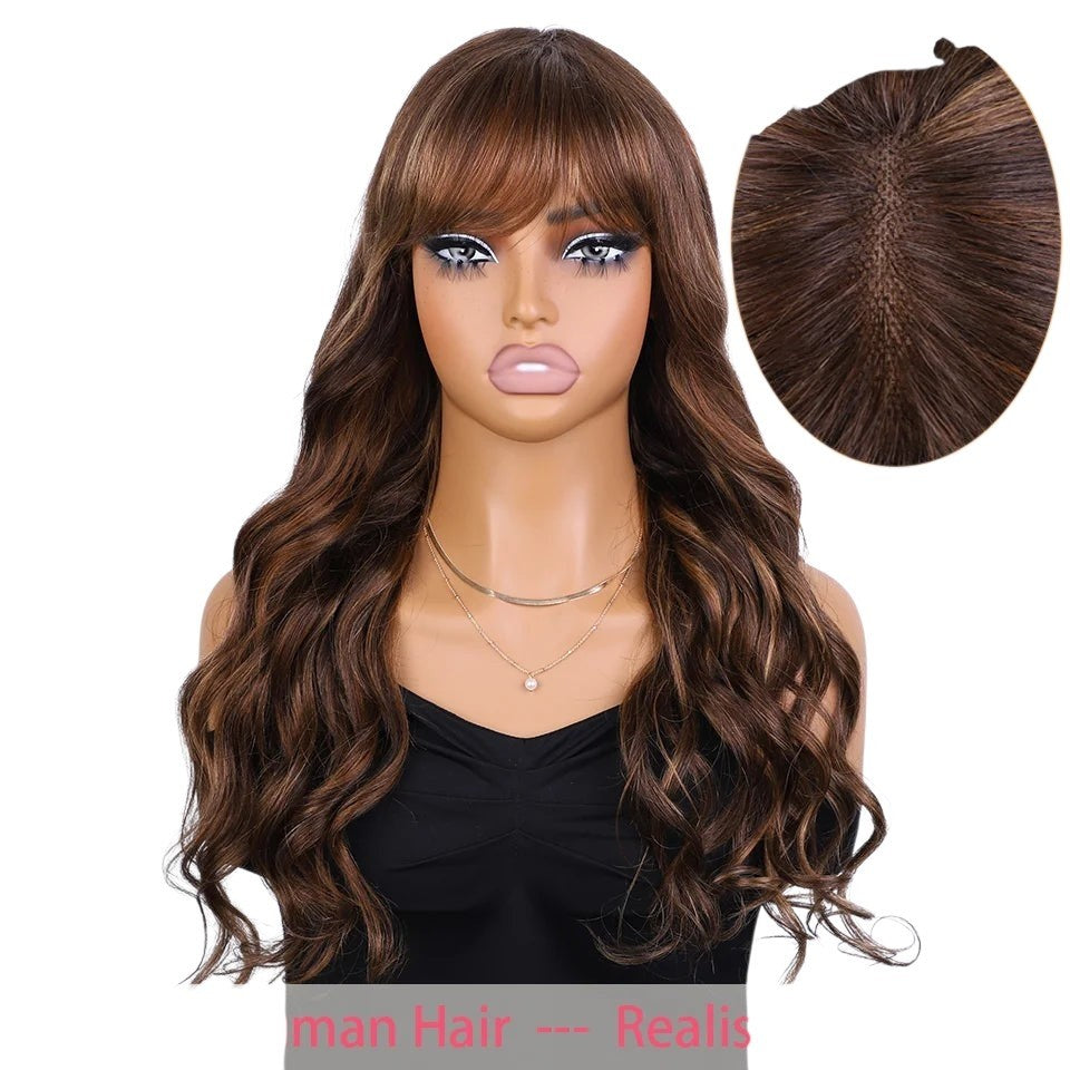 RitzWigs 24-inch body wave human hair wig with bangs and realistic lace scalp, featuring natural brown wavy texture.