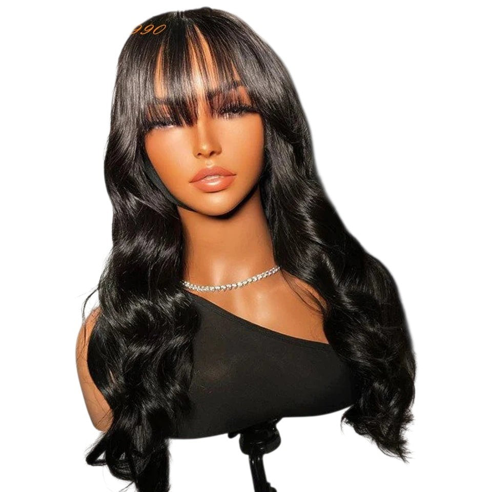 RitzWigs body wave human hair wig with bangs on a mannequin, featuring long wavy black Remy hair and Swiss lace base.