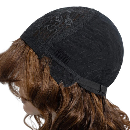 RitzWigs short body wave human hair wig with black lace cap construction and adjustable straps