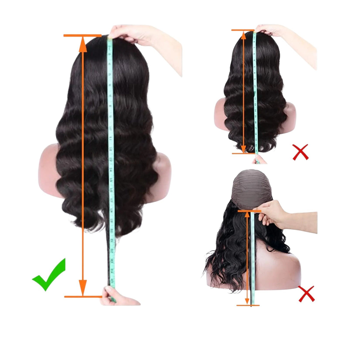 RitzWigs body wave human hair wig on a mannequin head showing how to measure length from crown to tip