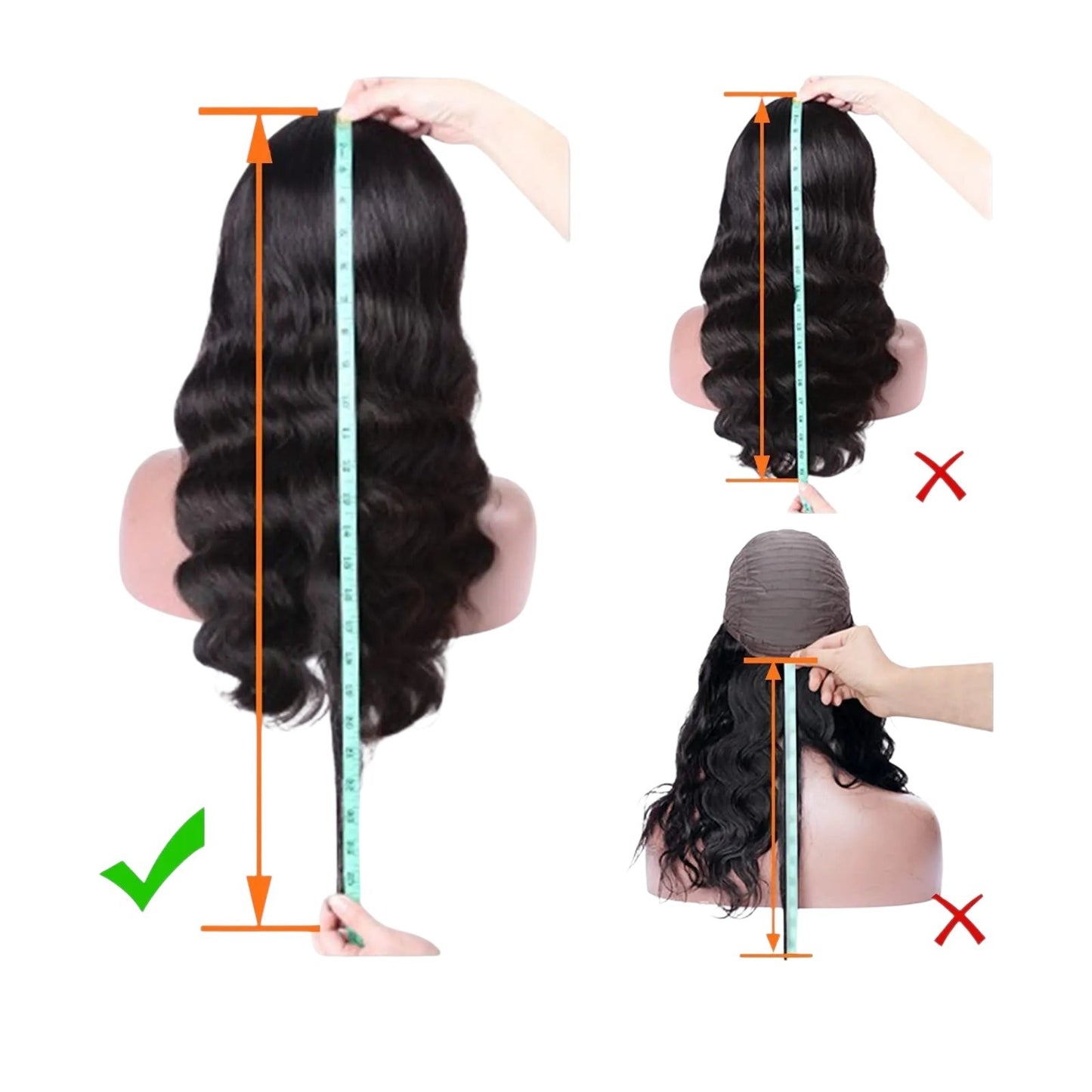RitzWigs body wave human hair wig on a mannequin head showing how to measure the hair length with a tape measure