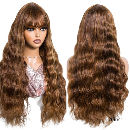 RitzWigs body wave human hair wig with bangs in highlighted brown tones on a mannequin, front and back view.